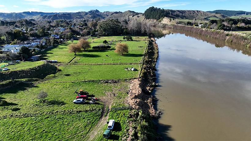 An aerial view of the restoration area on the banks of the Whanganui River.